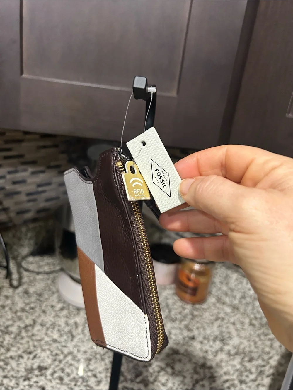 NWT Fossil Colorblock Leather Wristlet in Brown, White, Gray, Tan